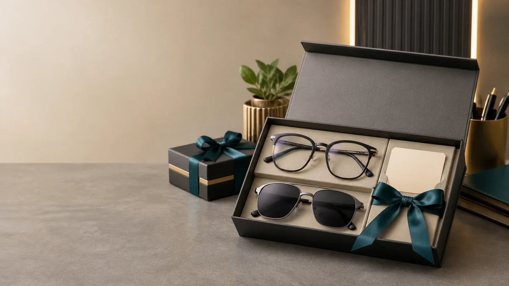 Bulk corporate gifting box with branded optical frames and sunglasses
