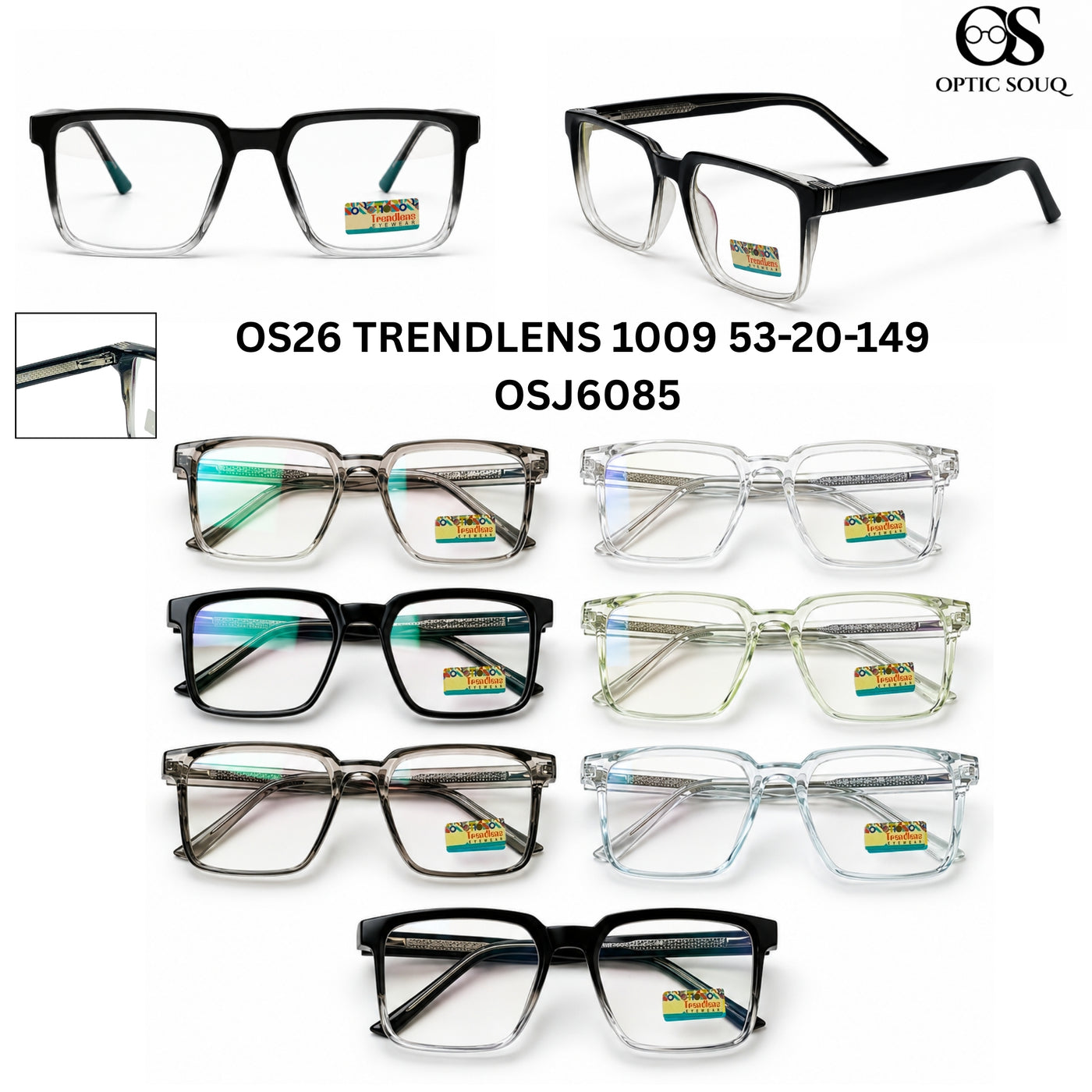OS26 Trendlens 1009 Men's Square Optical Eyewear in Smoke Grey Gradient, Clear Crystal, Glossy Black, Crystal Green, Smoke Grey, Crystal Blue and Black Crystal – Optic Souq
