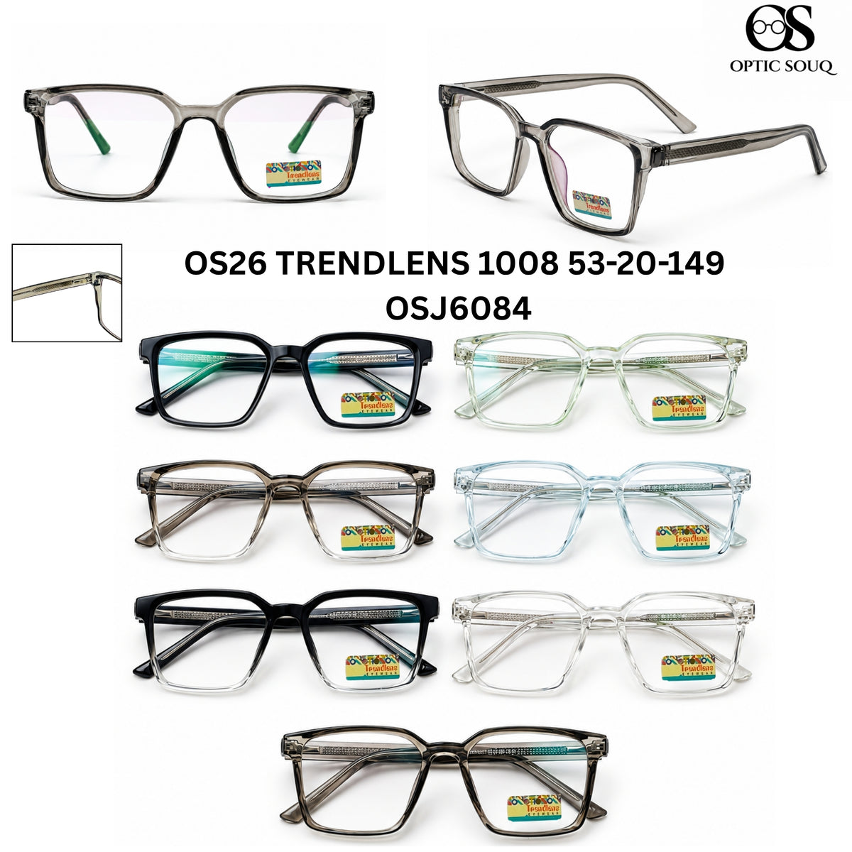 OS26 Trendlens 1008 Men's Square Optical Eyewear in Glossy Black, Crystal Green, Smoke Grey Gradient, Crystal Blue, Black Crystal, Clear Crystal and Smoke Grey – Optic Souq