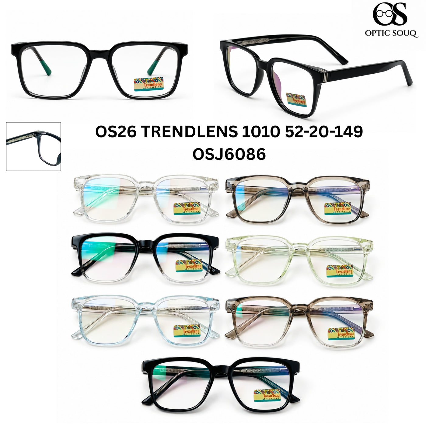 OS26 Trendlens 1010 Men's Square Optical Eyewear in Clear Crystal, Smoke Grey, Black Crystal, Crystal Green, Crystal Blue, Smoke Grey Gradient and Glossy Black – Optic Souq
