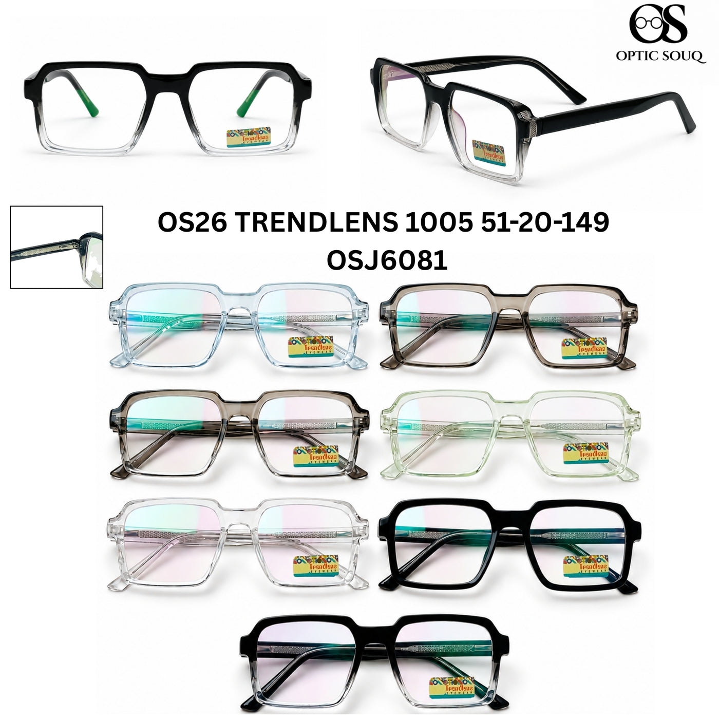 OS26 Trendlens 1005 Men's Square Optical Eyewear in Crystal Blue, Smoke Grey, Smoke Grey Gradient, Crystal Green, Clear Crystal, Glossy Black and Black Crystal – Optic Souq