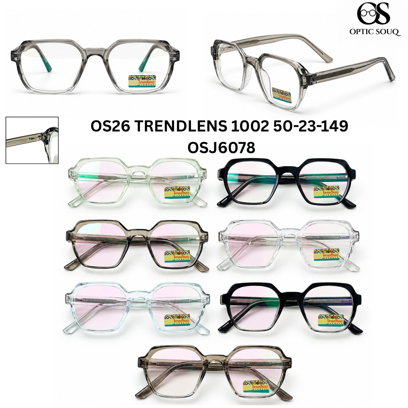 OS26 Trendlens 1002 Men's Geometric Optical Eyewear in Crystal Green, Glossy Black, Smoke Grey, Clear Crystal, Crystal Blue, Black Crystal and Smoke Grey Gradient – Optic Souq