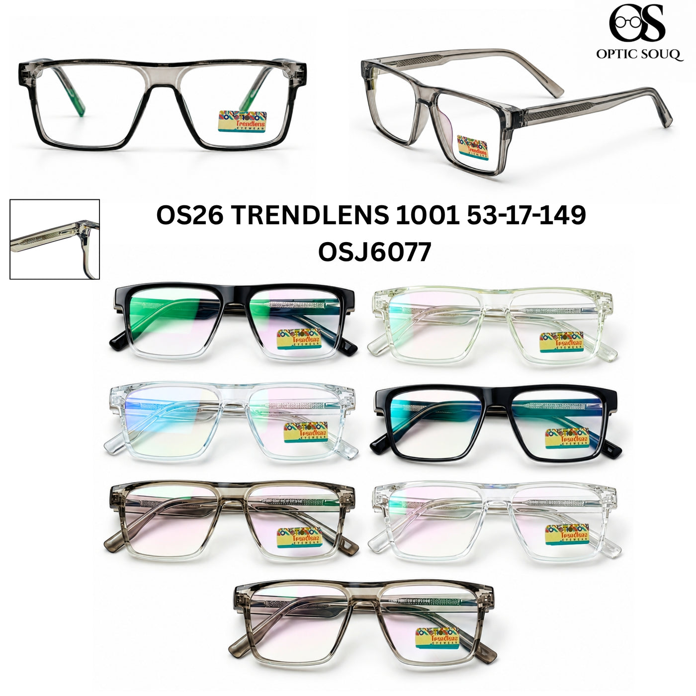 OS26 Trendlens 1001 Men's Square Optical Eyewear in Black Crystal, Crystal Green, Clear Crystal, Glossy Black, Smoke Grey, Crystal Blue and Smoke Grey Gradient – Optic Souq