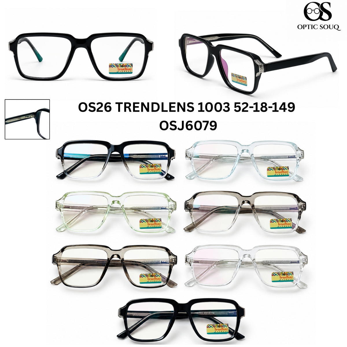 OS26 Trendlens 1003 Men's Square Optical Eyewear in Black Crystal, Crystal Blue, Crystal Green, Smoke Grey Gradient, Smoke Grey, Clear Crystal and Glossy Black – Optic Souq