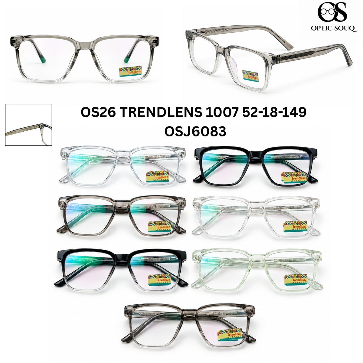 OS26 Trendlens 1007 Men's Square Optical Eyewear in Clear Crystal, Glossy Black, Smoke Grey, Crystal Blue, Black Crystal, Crystal Green and Smoke Grey Gradient – Optic Souq