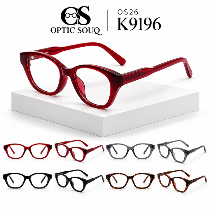 OS26 K9196 pure sheet acetate women's eyewear in ruby red, smoke grey, black and tortoise