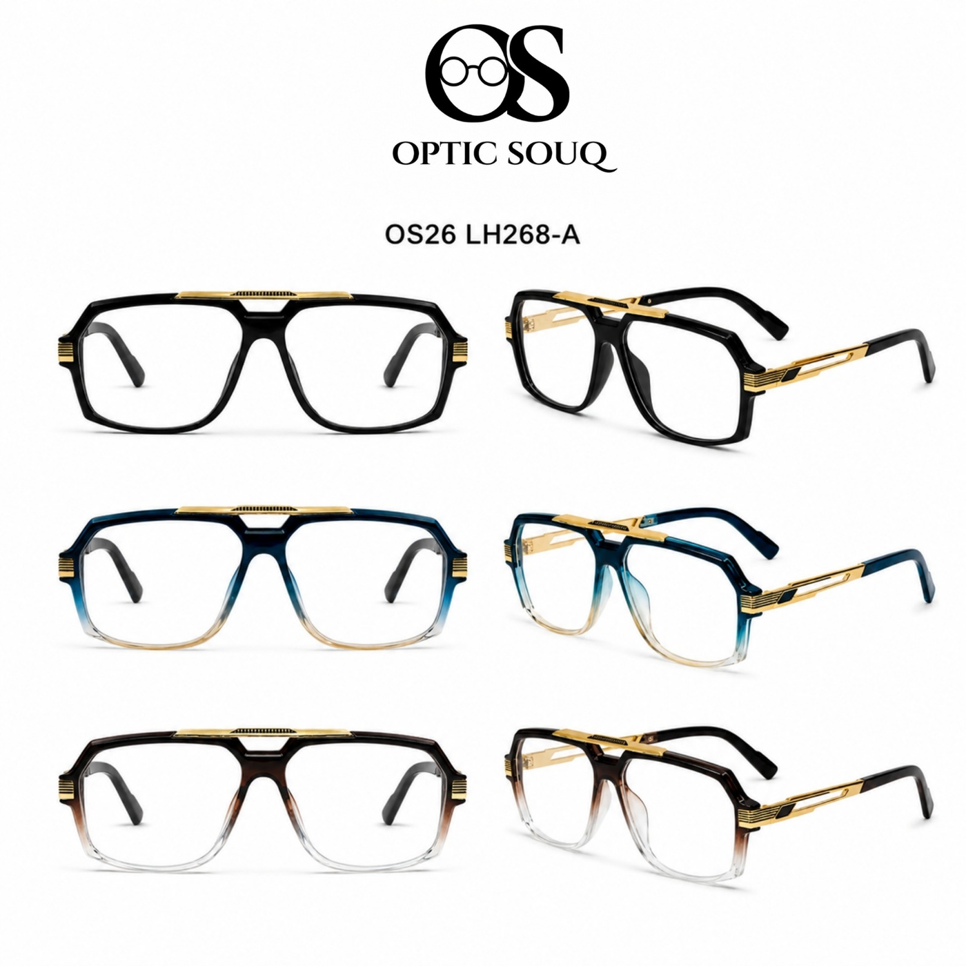 OS26 LH268-A men's sheet and metal eyewear in black, blue gradient and brown gradient with gold accents