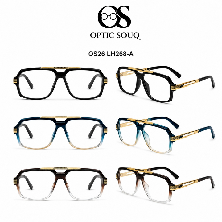 OS26 LH268-A men's sheet and metal eyewear in black, blue gradient and brown gradient with gold accents