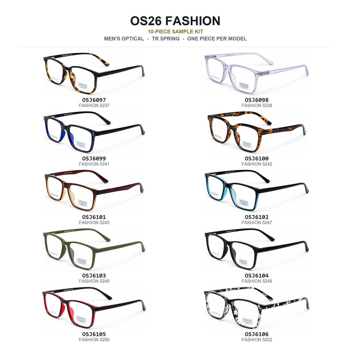 OS26 Fashion 10-piece men's optical sample kit, side view of models 5237 to 5252, SKUs OSJ6097 to OSJ6106, TR spring frames from Optic Souq