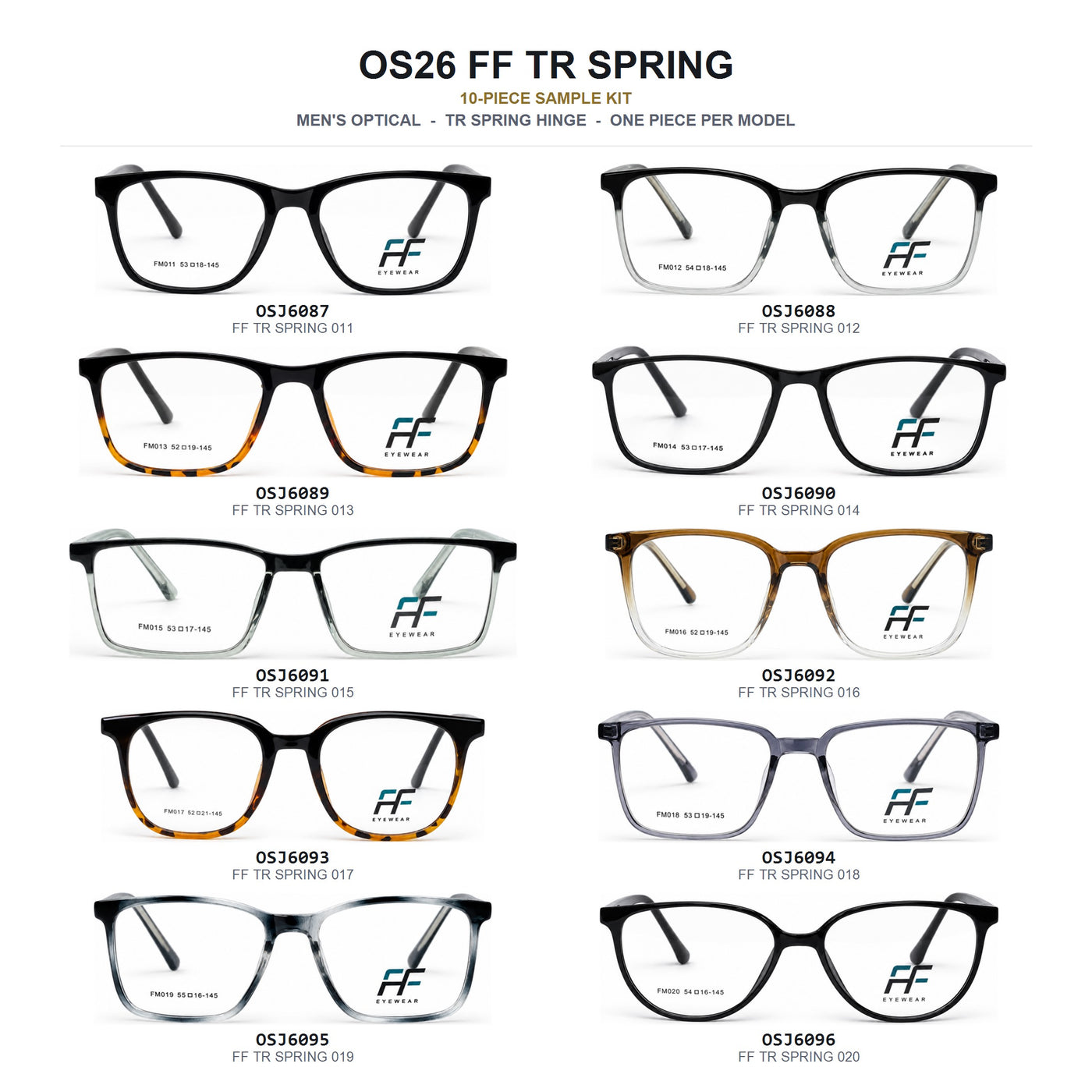 OS26 FF TR Spring 10-piece sample kit, one men's TR optical frame from each model OSJ6087 to OSJ6096