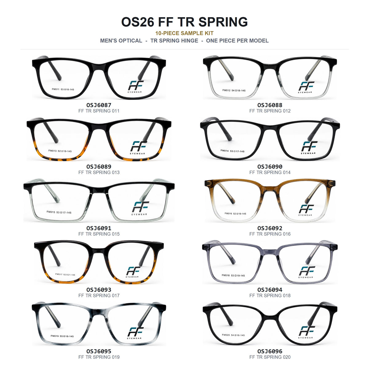 OS26 FF TR Spring 10-piece sample kit, one men's TR optical frame from each model OSJ6087 to OSJ6096
