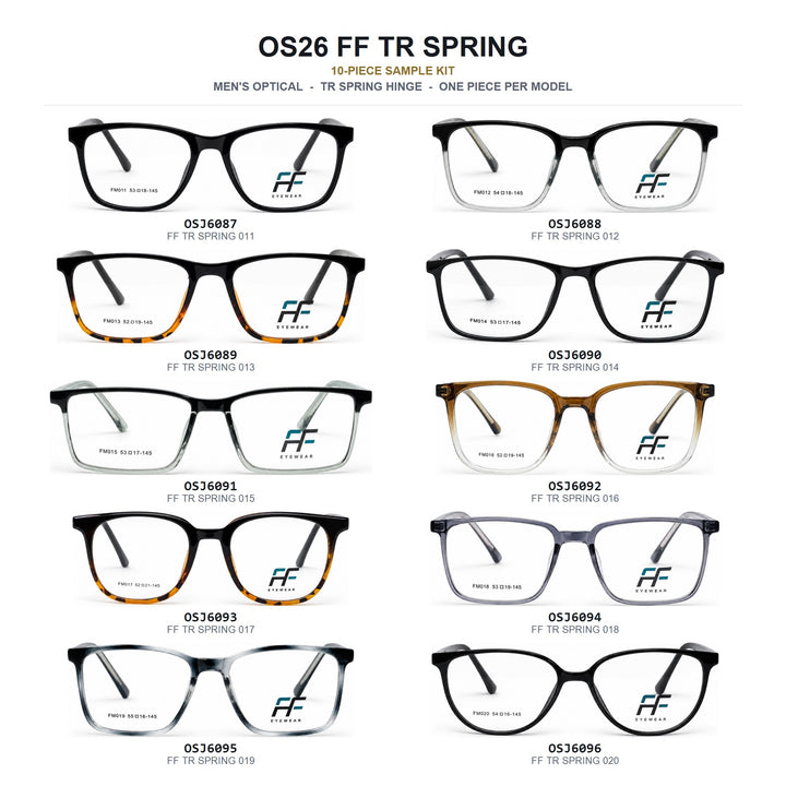 OS26 FF TR Spring 10-piece sample kit, one men's TR optical frame from each model OSJ6087 to OSJ6096