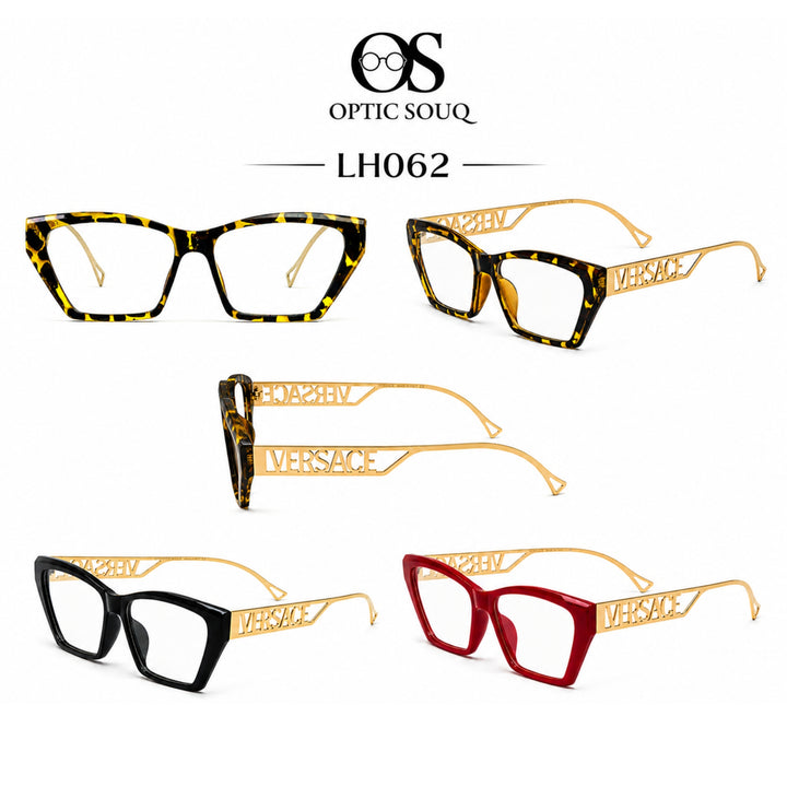 LH062 women's rectangle angular cat-eye optical eyewear in Tortoise, Black, and Red