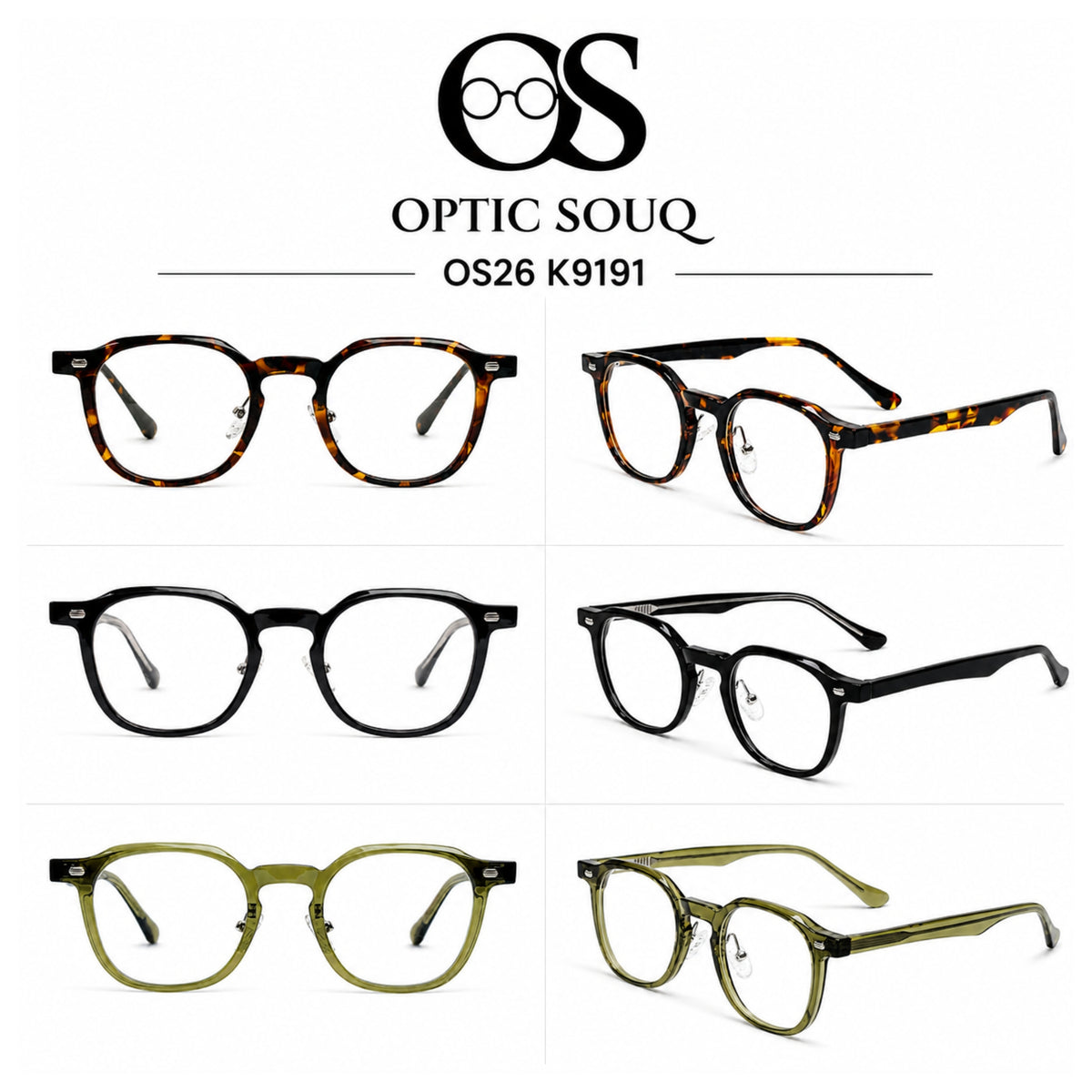 OS26 K9191 women's square optical eyewear in Tortoise, Black, and Olive Green