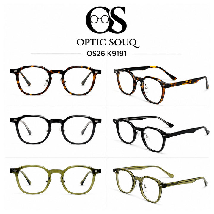 OS26 K9191 women's square optical eyewear in Tortoise, Black, and Olive Green