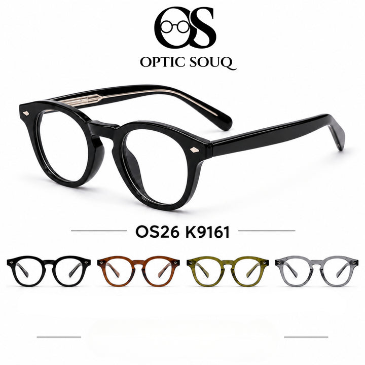 OS26 K9161 unisex round panto optical eyewear in Black, Brown, Olive Green, and Transparent Grey