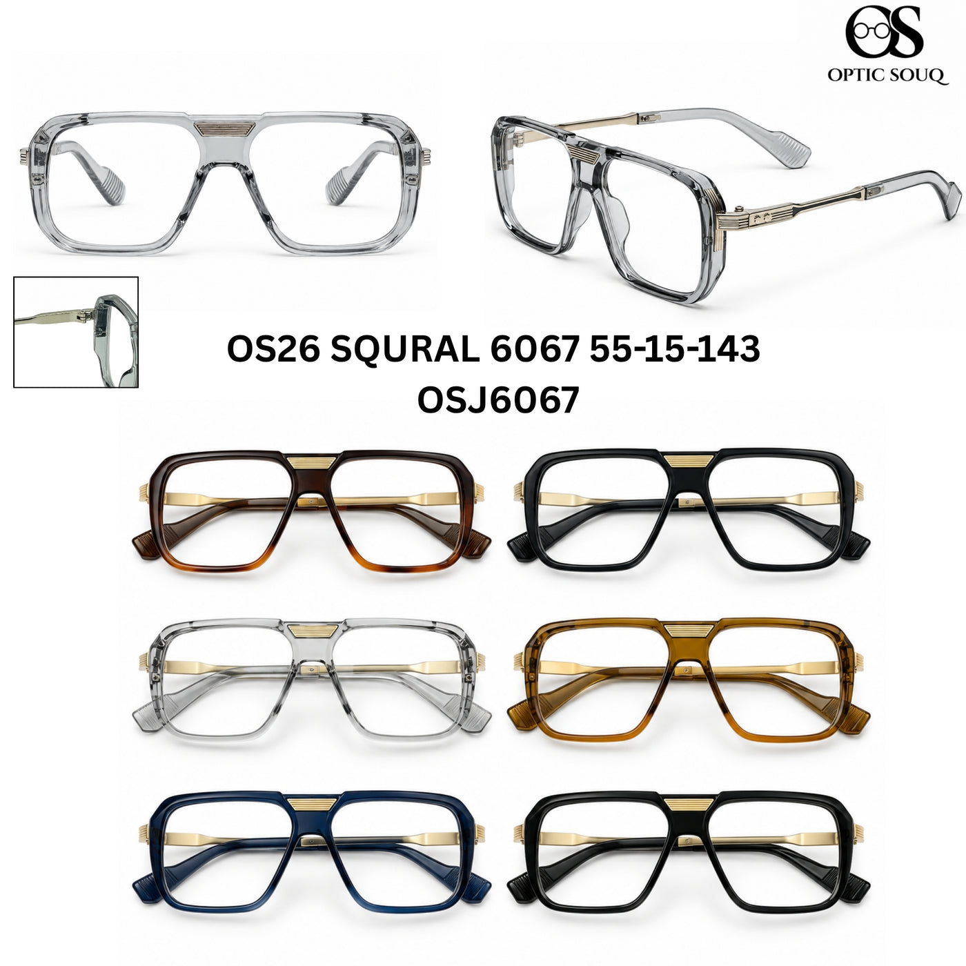 OS26 SQURAL 6067 55-15-143 men's square sheet + metal optical eyewear, OSJ6067, six colourways