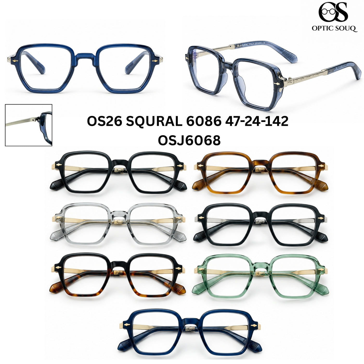 OS26 SQURAL 6086 47-24-142 men's square sheet + metal optical eyewear, OSJ6068, seven colourways