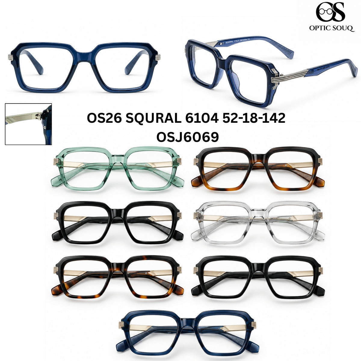 OS26 SQURAL 6104 52-18-142 men's square sheet + metal optical eyewear, OSJ6069, seven colourways