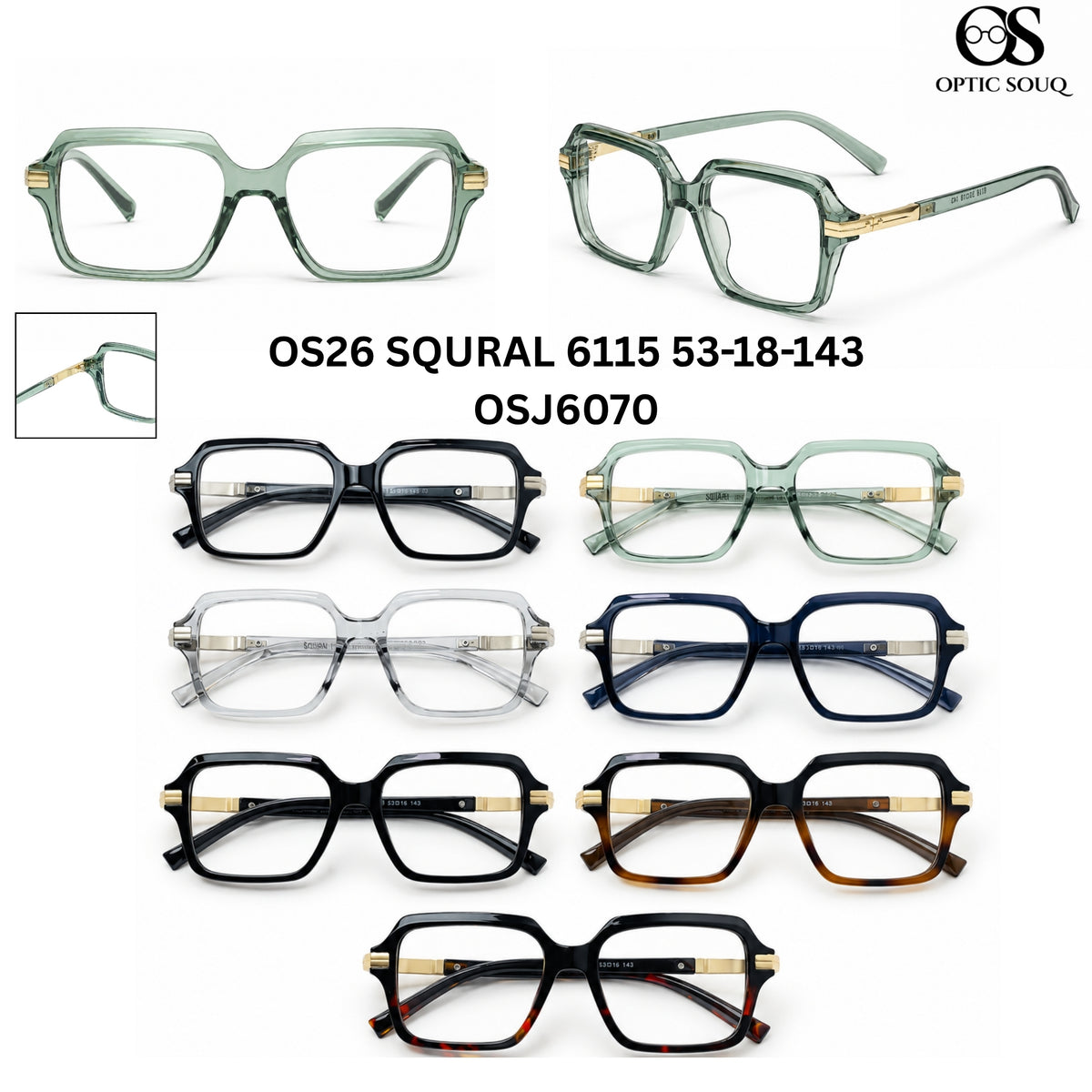OS26 SQURAL 6115 53-18-143 men's square sheet + metal optical eyewear, OSJ6070, seven colourways