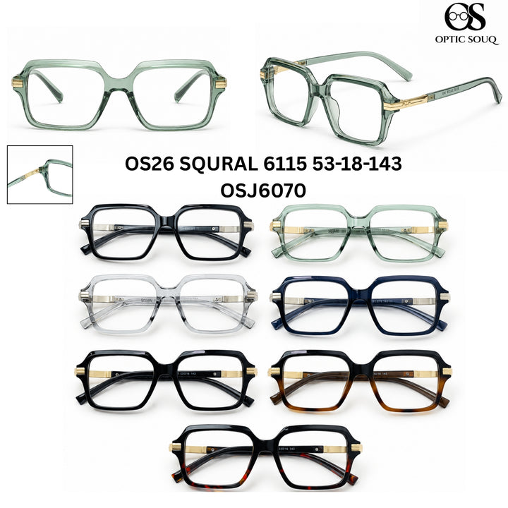 OS26 SQURAL 6115 53-18-143 men's square sheet + metal optical eyewear, OSJ6070, seven colourways