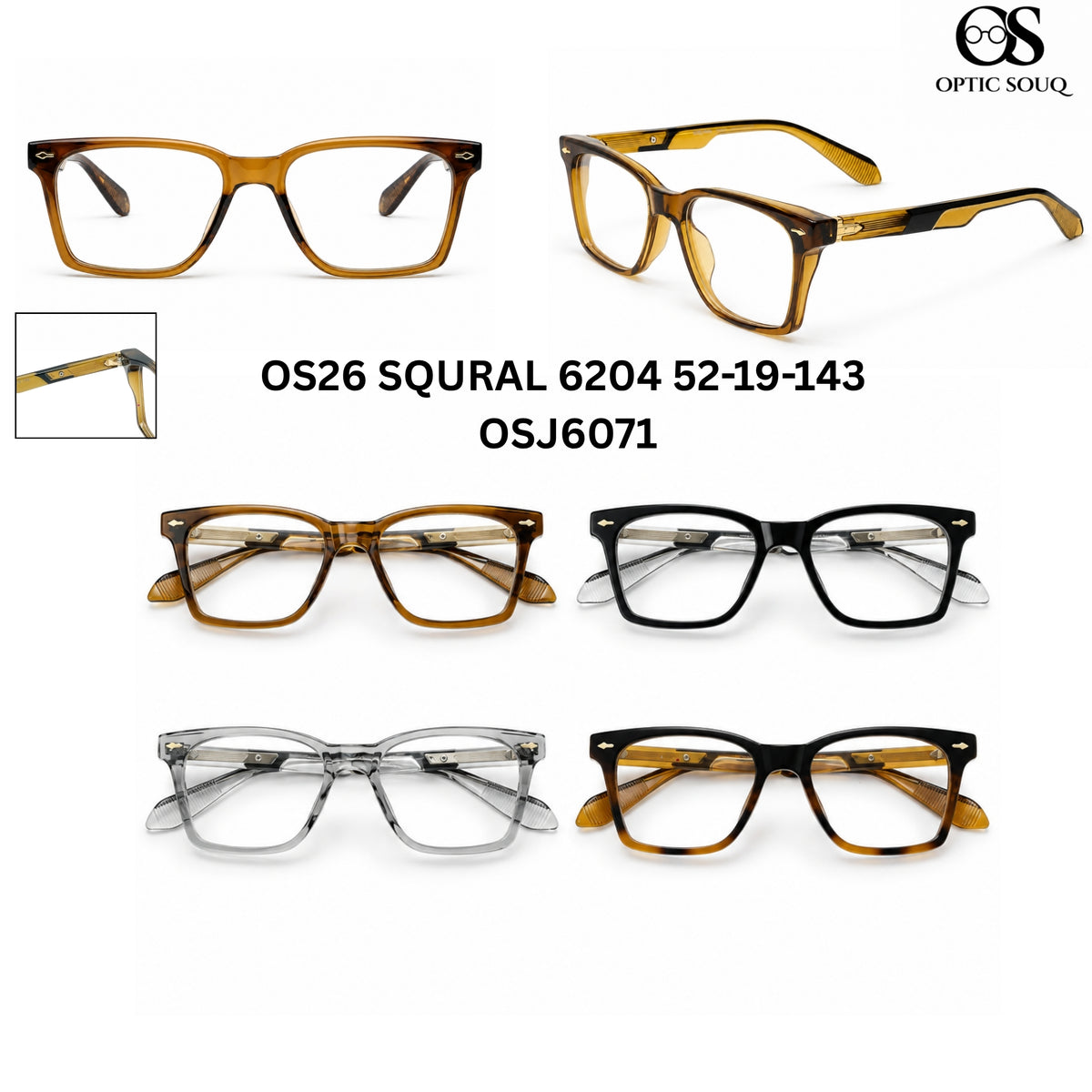 OS26 SQURAL 6204 52-19-143 men's square sheet + metal optical eyewear, OSJ6071, four colourways