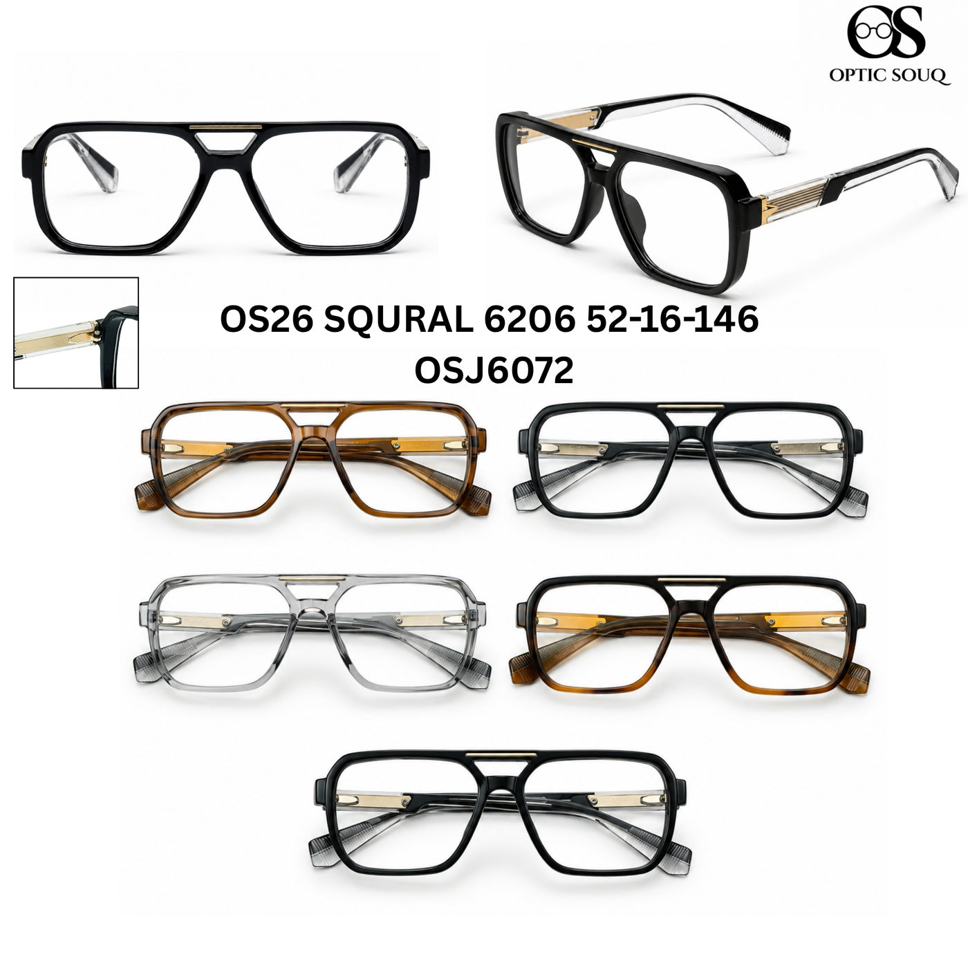 OS26 SQURAL 6206 52-16-146 men's square sheet + metal optical eyewear, OSJ6072, five colourways