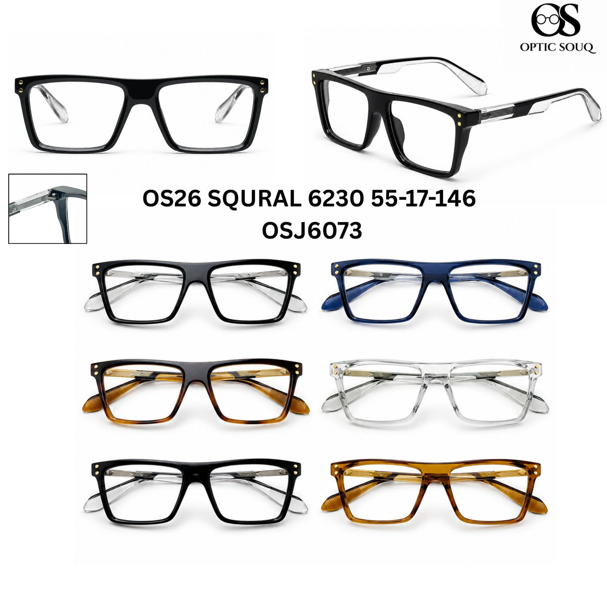 OS26 SQURAL 6230 55-17-146 men's square sheet + metal optical eyewear, OSJ6073, six colourways