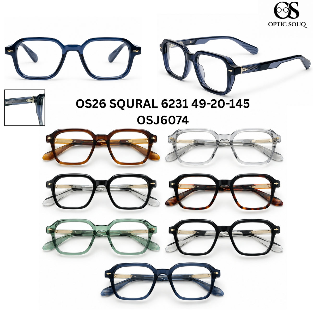 OS26 SQURAL 6231 49-20-145 men's square sheet + metal optical eyewear, OSJ6074, seven colourways