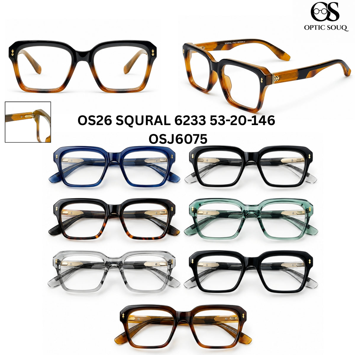 OS26 SQURAL 6233 53-20-146 men's square sheet + metal optical eyewear, OSJ6075, seven colourways