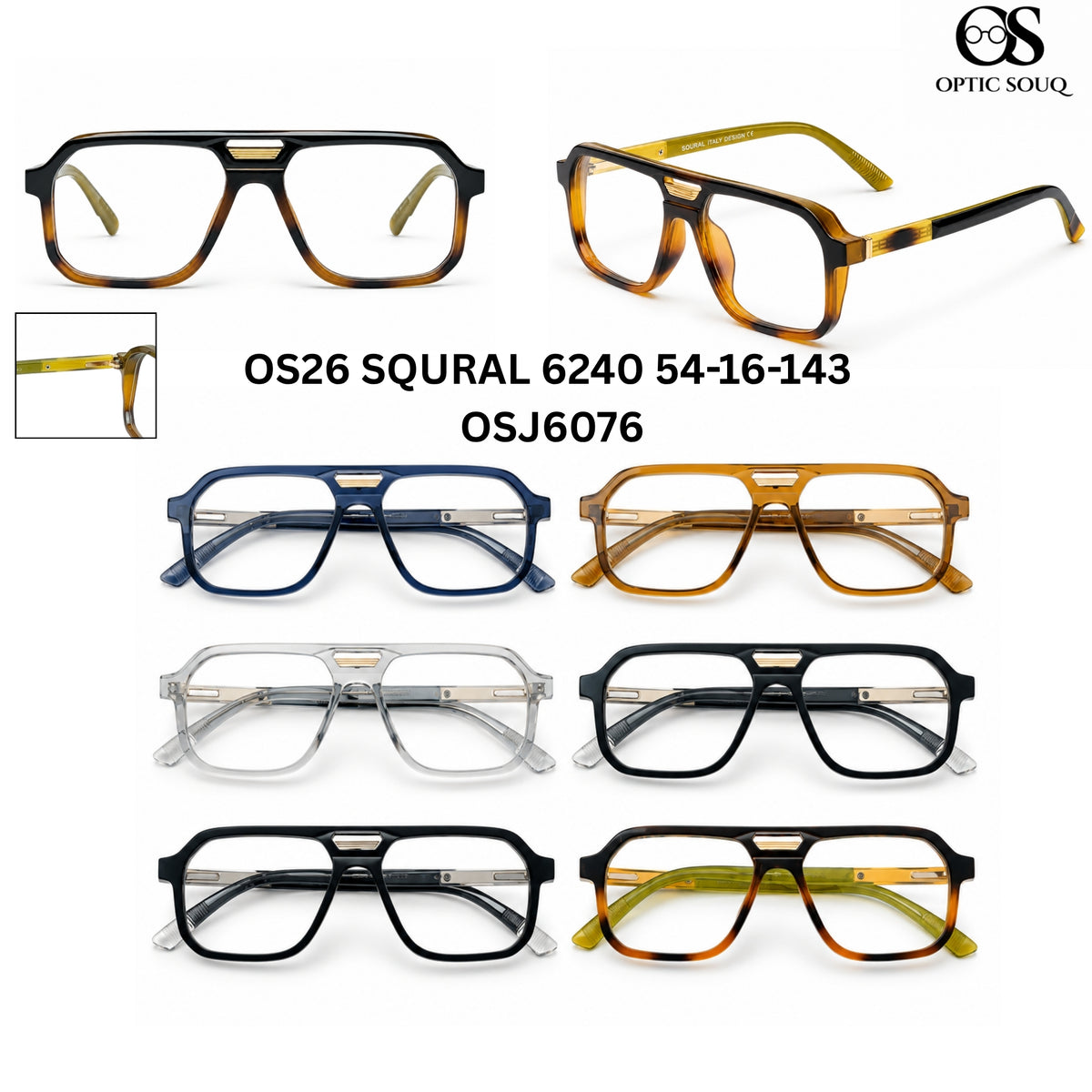 OS26 SQURAL 6240 54-16-143 men's square sheet + metal optical eyewear, OSJ6076, six colourways