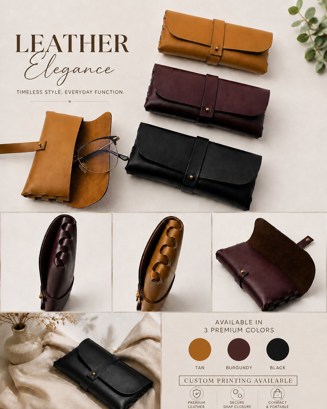 Premium leather eyewear case in Tan, Burgundy and Black - custom printing available