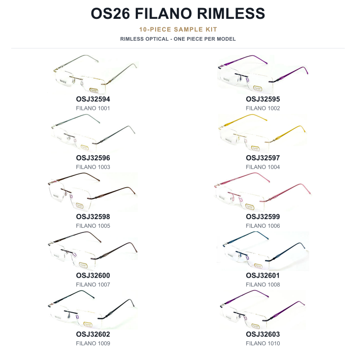 OS26 FILANO Rimless Sample Kit - 10 Models — complete square poster, one piece per model