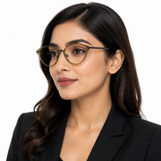 Woman wearing OS26 K2904 olive green pure titanium cat-eye eyewear