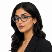 Woman wearing OS26 K9159 smoke grey sheet eyewear
