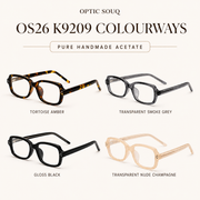 OS26 K9209 pure handmade acetate colourways: tortoise amber, smoke grey, gloss black and nude champagne
