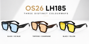 OS26 LH185 colourways: black ice blue, tortoise champagne and black yellow