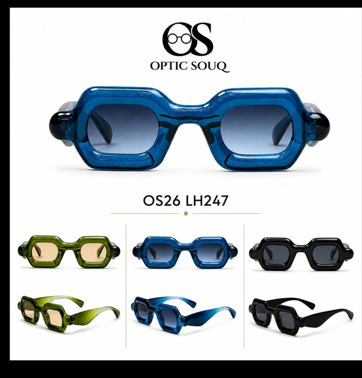 OS26 LH247 women geometric sheet sunglasses in black, green and blue