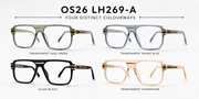 OS26 LH269-A colourways: transparent sage green, transparent smoke blue, gloss black and transparent champagne