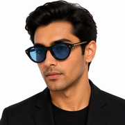 Man wearing OS26 LH306 black and blue sunglasses on white background