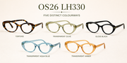 OS26 LH330 colourways: tortoise, transparent olive, gloss black, transparent aqua blue and transparent amber