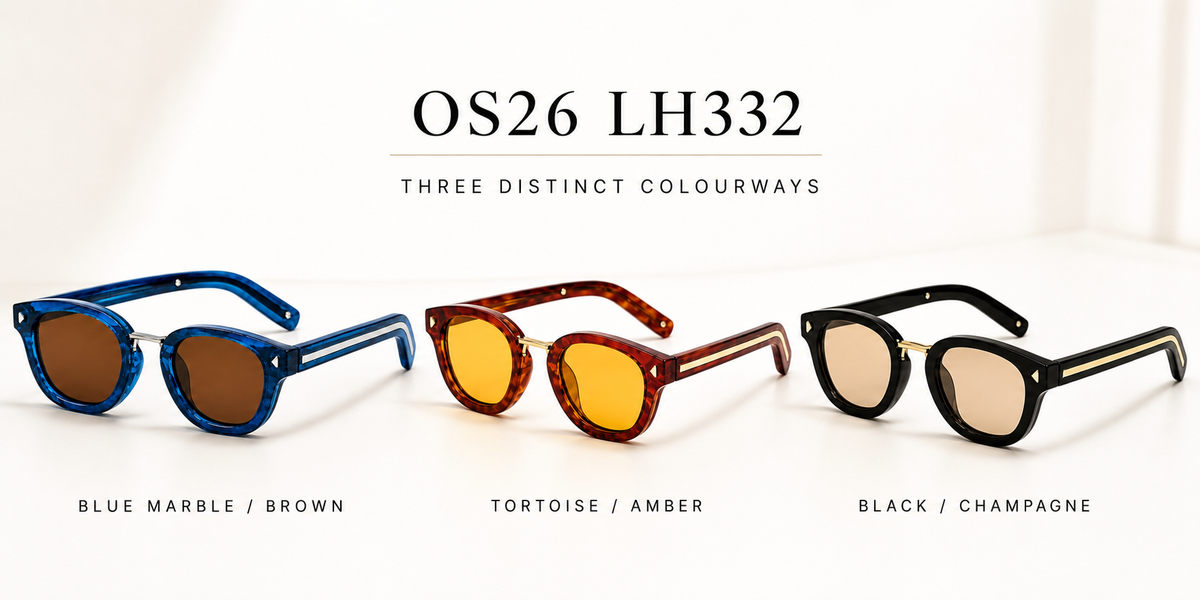 OS26 LH332 colourways: blue marble brown, tortoise amber and black champagne