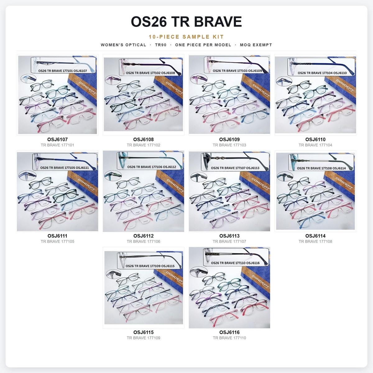 OS26 TR Brave 10-Piece Sample Kit – all ten models, one piece per model – OSJ6107 to OSJ6116 – Optic Souq