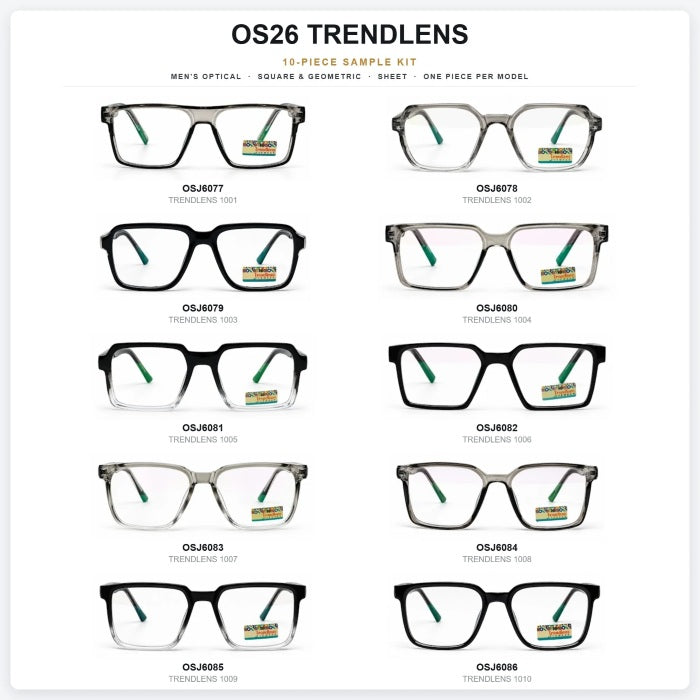 OS26 Trendlens 10-Piece Sample Kit – Men's Optical, Sheet, one piece per model – OSJ6077 to OSJ6086 – Optic Souq