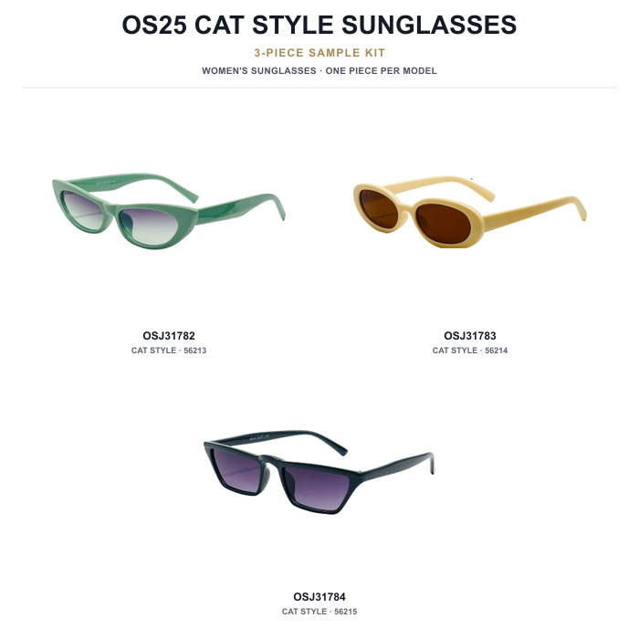 OS25 Cat Style Sunglasses Sample Kit - 3 Models