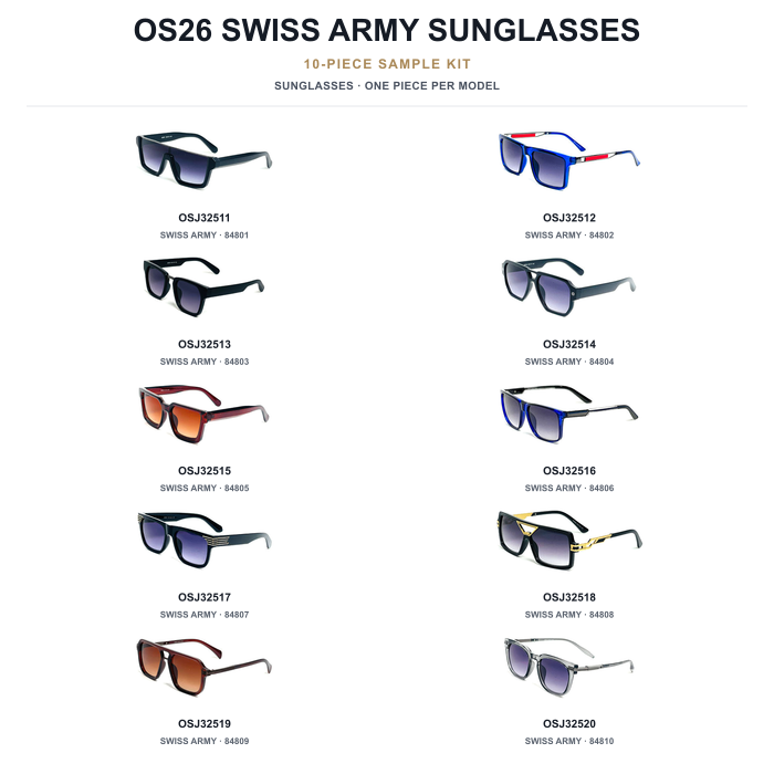 OS26 Swiss Army Sunglasses Sample Kit - 10 Models